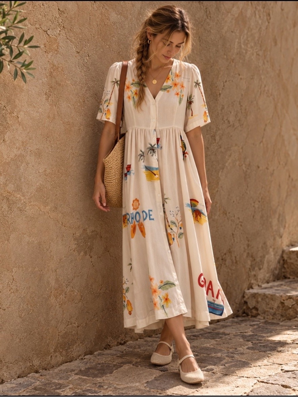 Novelty Print Maxi Dress Floral Tropical Vacation Boho Button Front Small